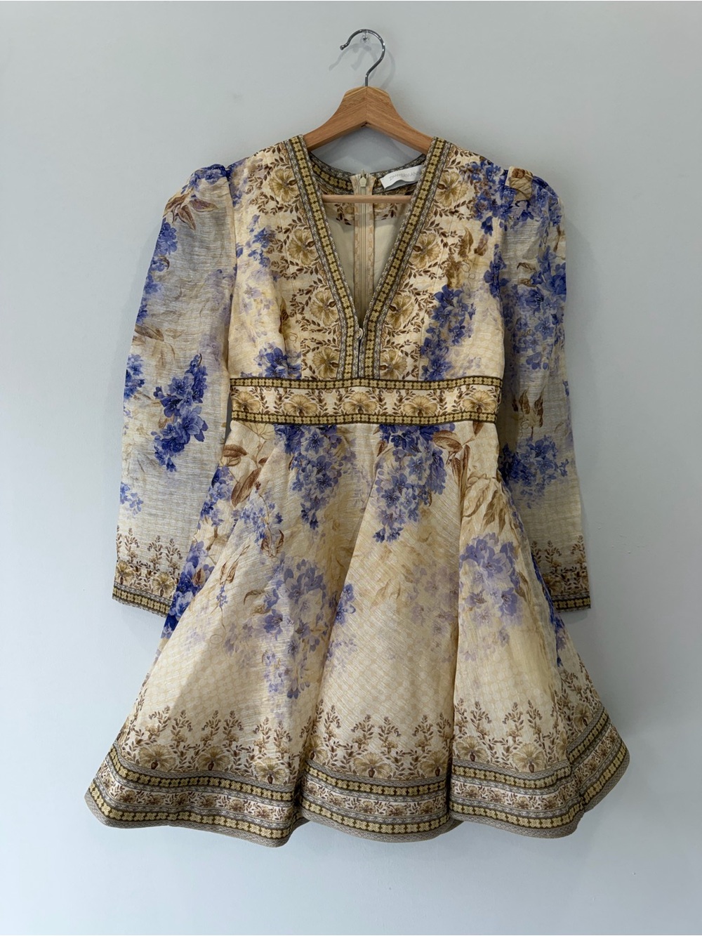 Floral V-Neck Fit & Flare Mini Dress in Cream and Blue XS